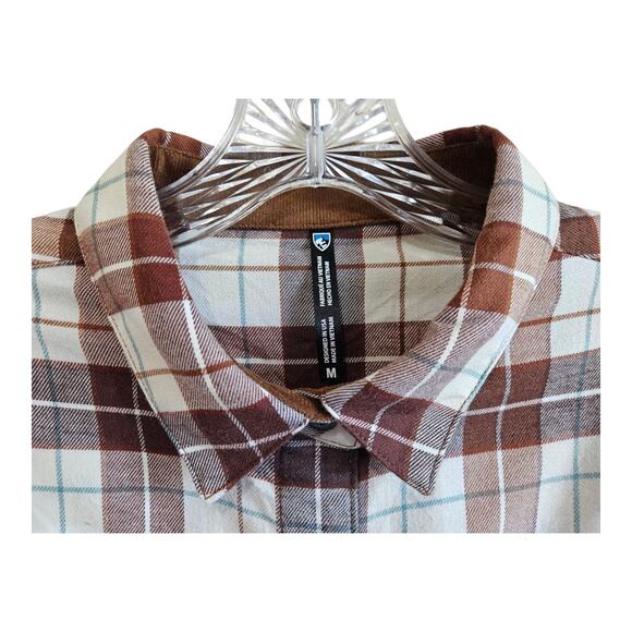 KUHL Women M Tess Flannel Shirt Snaps Corduroy Trim Brown Plaid Cotton Tencel 40 - Picture 3 of 11